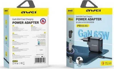 Ѕиден полнач Awei PD55-EU, 65W, USB и USB-C GaN, црн