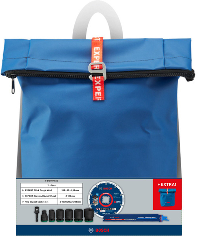 Set veglash Bosch EXPERT PRO, tehe sharrash dhe disk për metal, çelësa goditës, çantë shpine blu