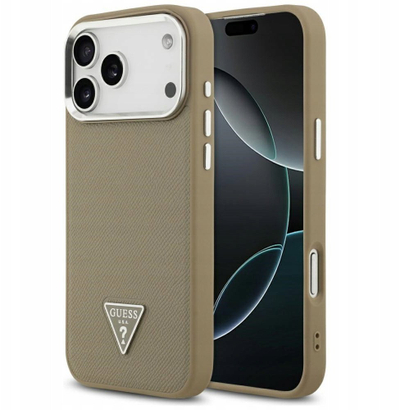 Kapak telefoni Guess Grained Triangle Logo MagSafe, për iPhone 17 Pro Max, kafe