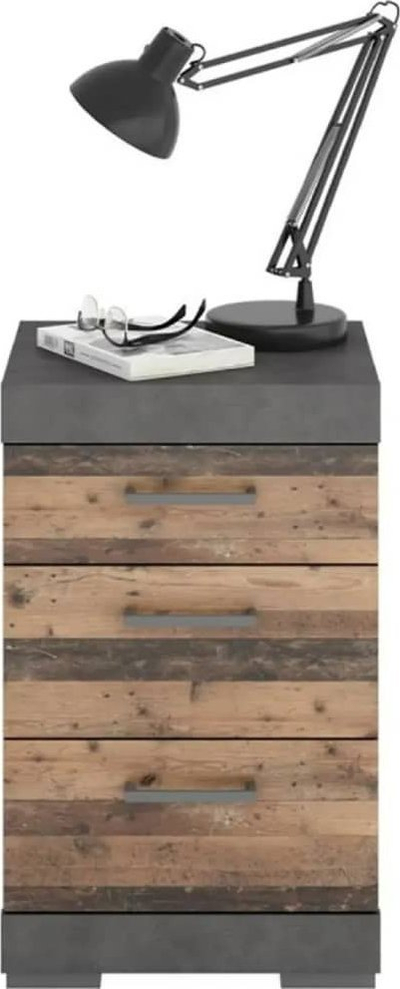 Komodinë FMD Bedside Table, 3 sirtarë, stil druri rustic, gri