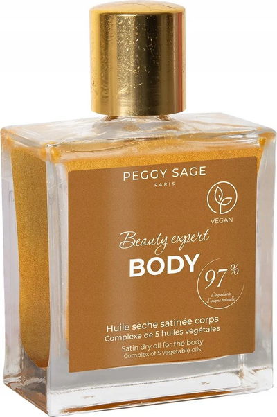 Vaj trupor Peggy Sage Beauty Expert Body, vaj i thatë satine, kompleks 5 vajra bimore, ngjyrë ari