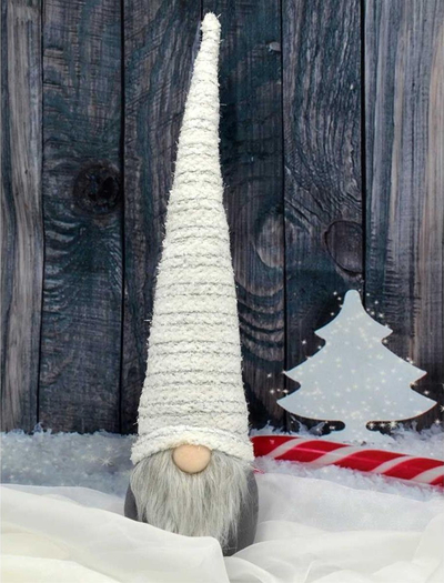 Dekor gnom Saska Christmas, me kapelë t’gjatë t'bardhë me dritë LED, 42 cm
