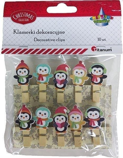 Klemça dekorative Titanum Penguins Mix, dru, set 10 copë, shumëngjyrëshe
