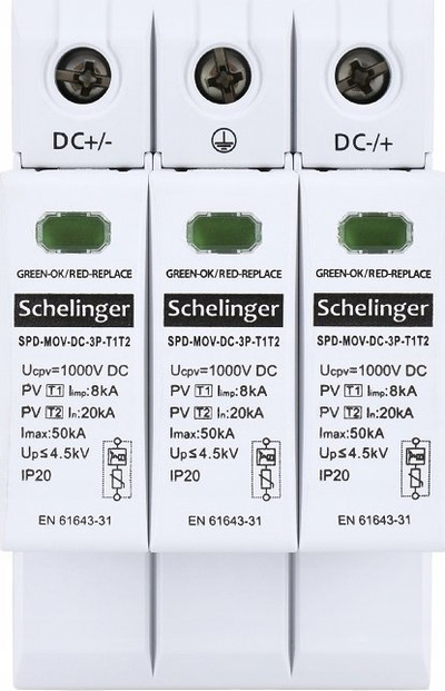 Mbrojtës nga mbitensionet Schelinger A53 SPD MOV DC 3P T1T2, për DC deri 1000V, 3 pole, i gjelbër