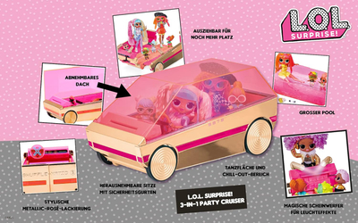 Makinë lodër LOL Surprise 3 in 1 Party Cruiser, me pishinë dhe pistë vallëzimi, rozë ar