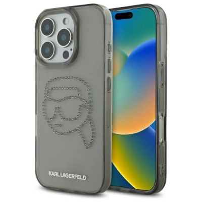 Maskë telefoni Karl Lagerfeld IML Rhinestones Karl Head, për iPhone 16 Pro Max 6.9", transparente, e zezë