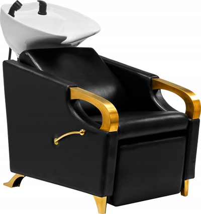 Lavabo flokësh Activeshop Gabbiano C019G, karrige me mbështetëse këmbësh, ari e zezë