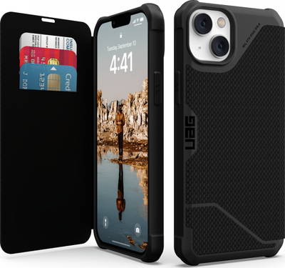 Kuti mbrojtëse me kapak Urban Armor Gear Metropolis për iPhone 14 Plus, kevlar, e zezë