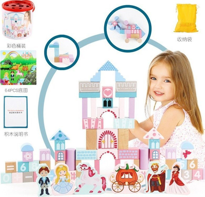 Lodër blloqe druri Ramiz MC-024, 64 copë, sorter edukativ Princeshë, ngjyra pastel