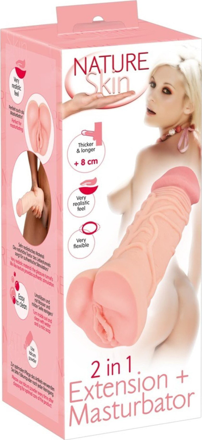 Masturbator Nature Skin 2 në 1, zgjat penisin +8 cm, material si lëkurë e vërtetë, ngjyrë lëkure