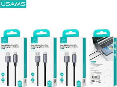 Kabllo USB në USB-C Usams SJ680USB01, 3A, 0.25m, e zezë metalike