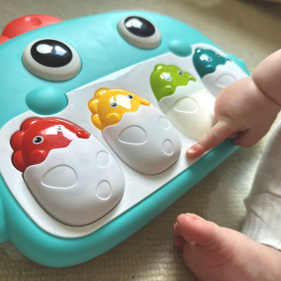 Lodër piano për bebe Woopie Baby Dino, 4 taste, me drita e muzikë, ngjyrë blu