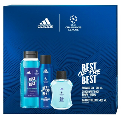 Set dhuratë për meshkuj Adidas UEFA Best Of The Best, EDT 100 ml + deodorant 150 ml + xhel dushi 250 ml