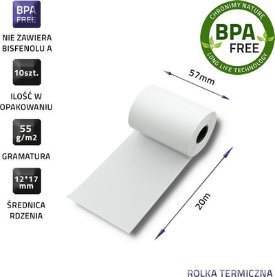 Rrollë termike Qoltec, 57x20 m, 55 g/m2, pa BPS, e bardhë