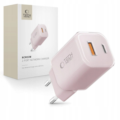 Полнач за мрежа Tech-Protect NCM33W, 33W, 2 порти USB PD QC 3.0, розова