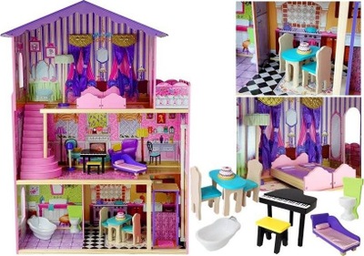 Дрвена куќа за кукли Leantoys Stella, 126 cm, со балкон и лифт, повеќебојна