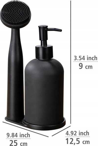 Set për larje enësh Wenko Piedo, 3 pjesë, dispenser qelqi, furçë dhe mbajtëse, e zezë mat