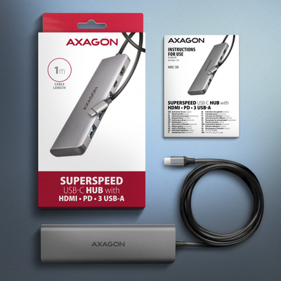 Hub USB C AXAGON HMC-5H, 3x USB A, HDMI 4K, PD 100W, argjendi