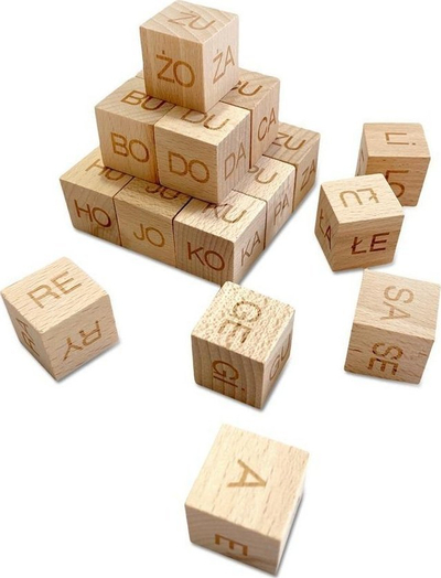 Kubëza edukative druri Open Syllables, 20 copa, shkronja të mëdha, ngjyrë druri natyrale