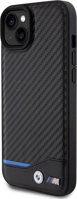 Mbrojtëse telefoni BMW Leather Carbon për iPhone 15 Plus, lëkurë dhe karbon, e zezë