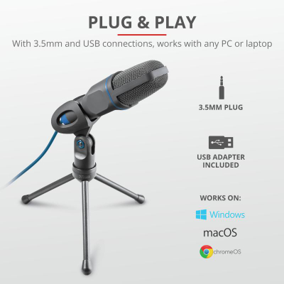 Mikrofon PC Trust Mico, USB dhe 3.5mm, me tripod, i zi blu