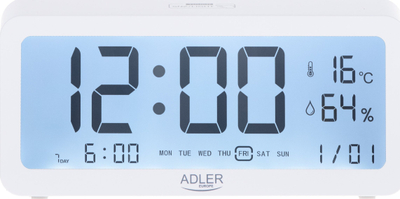 Orë me alarm Adler AD 1195W, me bateri, ekran i ndriçuar, e bardhë