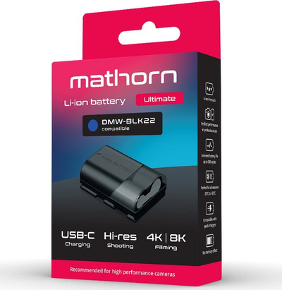 Bateri për kamerë Mathorn MB-254, në vend të Panasonic DMW-BLK22, karikim me USB-C, e zezë