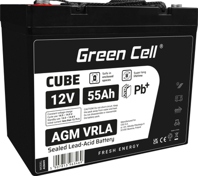 Bateri AGM Greencell 12V 55Ah, VRLA pa llafe mirëmbajtje, IP54, e zezë