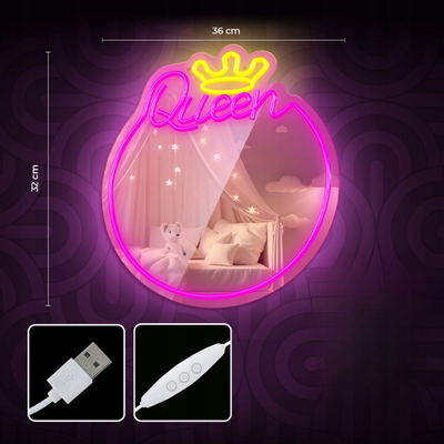 Pasqyrë dekorative Forever Mirror LED Queen FMNE04, ndriçim LED me dimmer, neon rozë verdhë