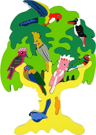 Puzzle druri LeanToys Wooden Tree Birds Parrots, pemë montuese, lodër edukative