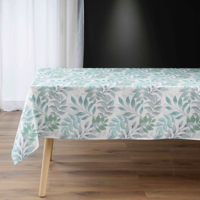 Mbulesë tavoline Cleline Rectangular, 140x240cm, polikoton me efekt liri, me gjethe jeshile