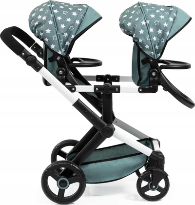 Karrocë për kukulla Bayer Design Xeo Twin, dy vende, dorezë e rregullueshme, jeshile me yje të bardha