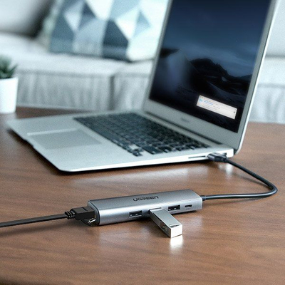 HUB USB UGREEN, 3 porta USB 3.0, RJ-45 Gigabit, gri