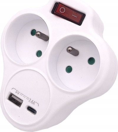 Adapter prize Double Splitter Z-12, 2x230V, USB A dhe USB-C, i bardhë