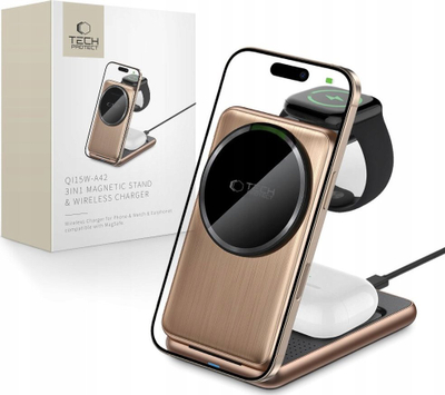 Karikues wireless 3‑në‑1 Tech‑Protect A42, 15W, MagSafe, ngjyrë flori