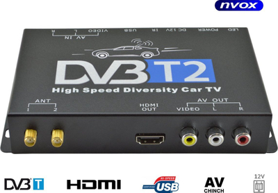 Tuner TV për makinë Nvox DVB T2, MPEG2/4, HDMI USB, i zi