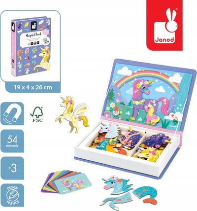 Lojë magnetike edukative Janod MagnetiBook Unicorns, 44 magnetë, 10 karta modeli, shumëngjyrëshe