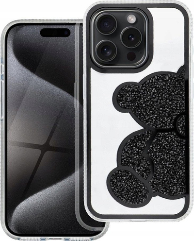 Kapak telefoni Teddy Bear për iPhone 14 Pro Max, PU TPU, i zi