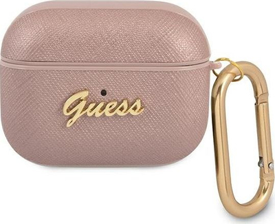 Mbulesë mbrojtëse Guess GUAPSASMP Saffiano Script për AirPods Pro, metal, rozë