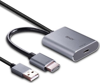 Adapter video Lindy HDMI në USB C, 4K 60Hz, me furnizim USB, ngjyrë gri