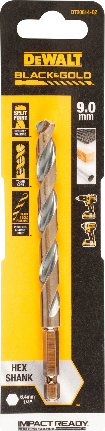 Freza metalike Dewalt DT20614 HSS G, 9.0mm, trup hekzagonal 1/4", zezë ari
