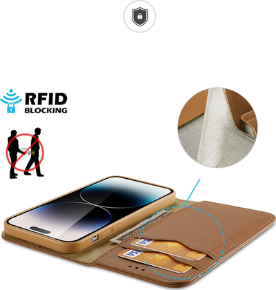 Këllëf telefoni Dux Ducis Hivo Series për iPhone 15 Pro, lëkurë, me stand dhe mbajtëse kartash, kafe
