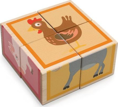 Puzzle druri me kuba Farm Animals, 4 copa, 9 cm, shumëngjyrësh
