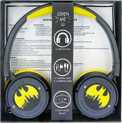 Kufje wireless për kalamoj OTL Technologies DC0984 Batman Gotham City, Bluetooth, me kufizim volumi, gri me të verdhë