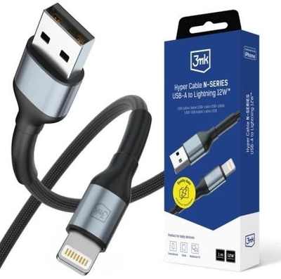 Kabllo USB 3MK Hyper N-Series, USB A me Lightning, 1m, 12W, e zezë