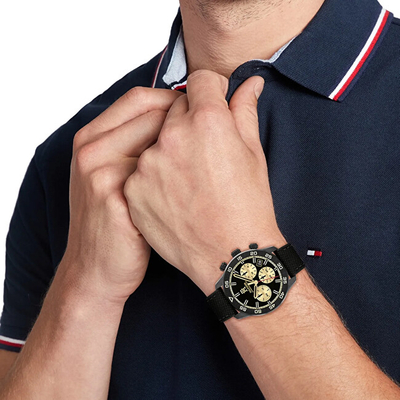 Orë dore për meshkuj Tommy Hilfiger TH85 Chronograph 1792182, e zezë