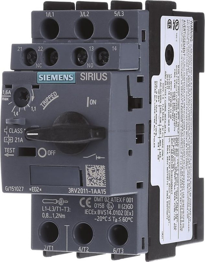 Ndërprerës motorik Siemens 3RV2011-1AA15, 1.1-1.6A, 3-polësh, gri