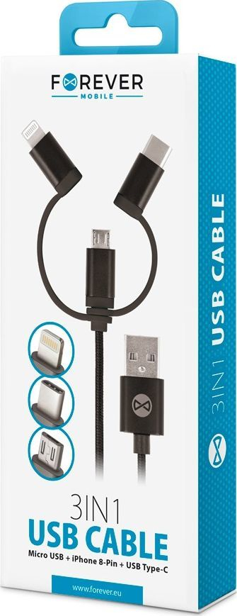 Kabllo USB Forever T_01626, USB A në Lightning 1 m, 3 në 1, e zezë