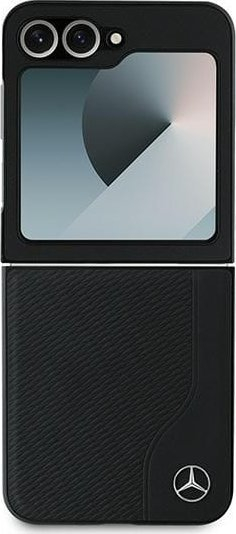 Kapak telefoni Mercedes Leather Wood Imitation MagSafe për Samsung Galaxy Z Flip6, lëkurë, i zi