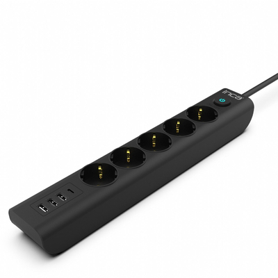 Prizë mbrojtëse Inca IPW-44TU, 5 dalje AC, 3x USB-A dhe 1x USB-C, kabllo 1.5m, e zezë